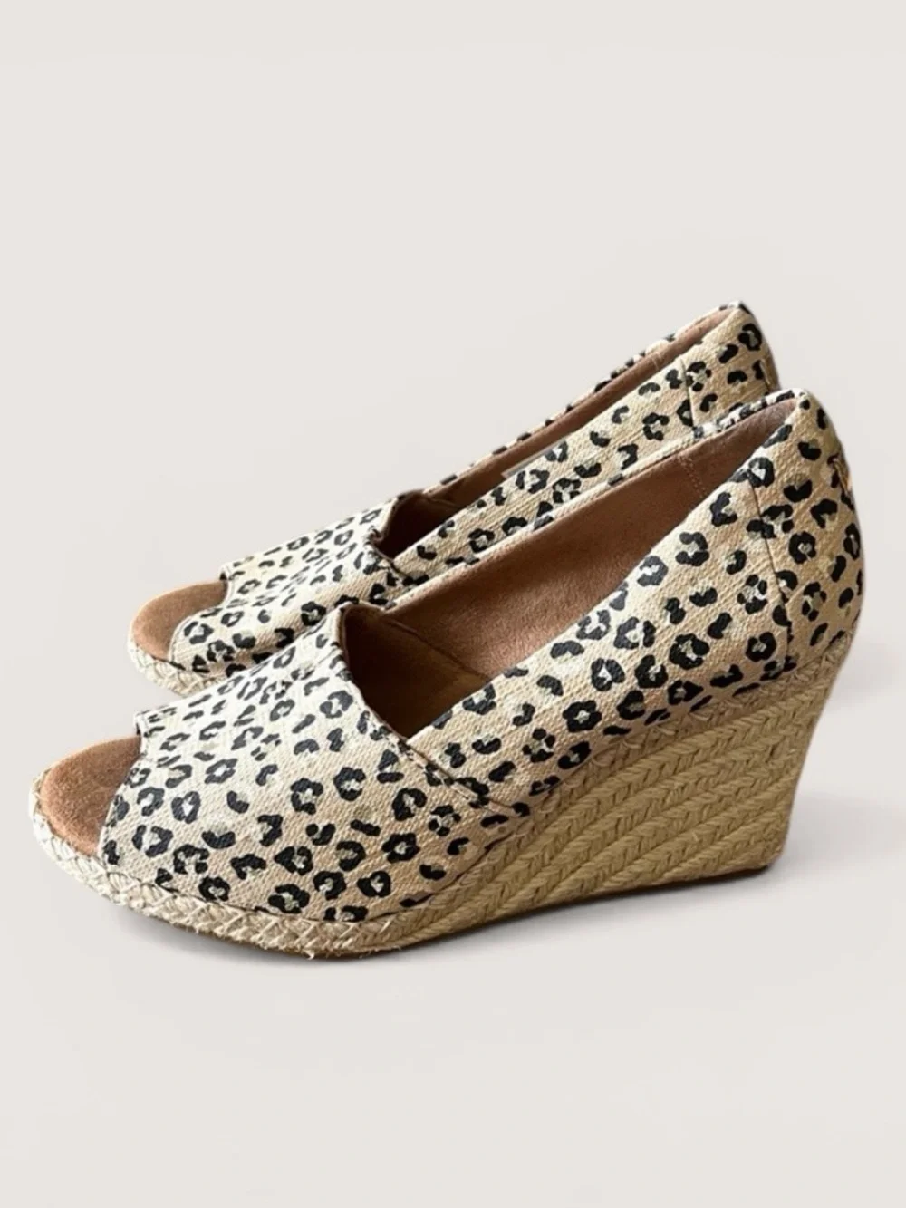 Toms Tan and Black Leopard Animal Print Wedge Peep Toe Sandals
